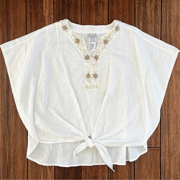 Chico’s Linen Cotton Beaded Tie Front Top Boxy Beachy Coastal 10 Lagenlook Chic - Picture 4 of 12